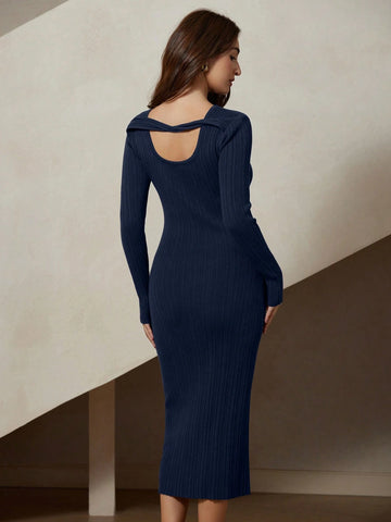 Elegant Hollow Out Twist Knot Design Round Neck Cinched Waist Long Sleeve Bodycon Maxi Sweater Dress