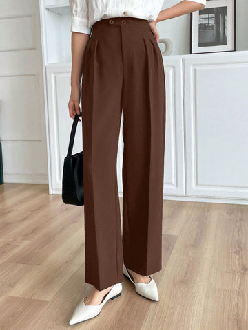 DAZY Women's Solid Color Pleated Straight Leg Casual Business Pants