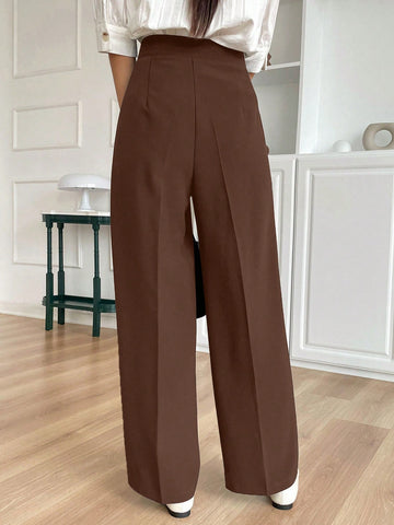 DAZY Women's Solid Color Pleated Straight Leg Casual Business Pants