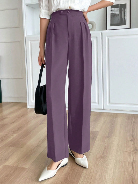 DAZY Women's Solid Color Pleated Straight Leg Casual Business Pants