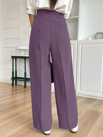 DAZY Women's Solid Color Pleated Straight Leg Casual Business Pants