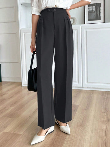 DAZY Women's Solid Color Pleated Straight Leg Casual Business Pants