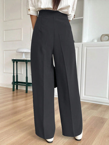DAZY Women's Solid Color Pleated Straight Leg Casual Business Pants