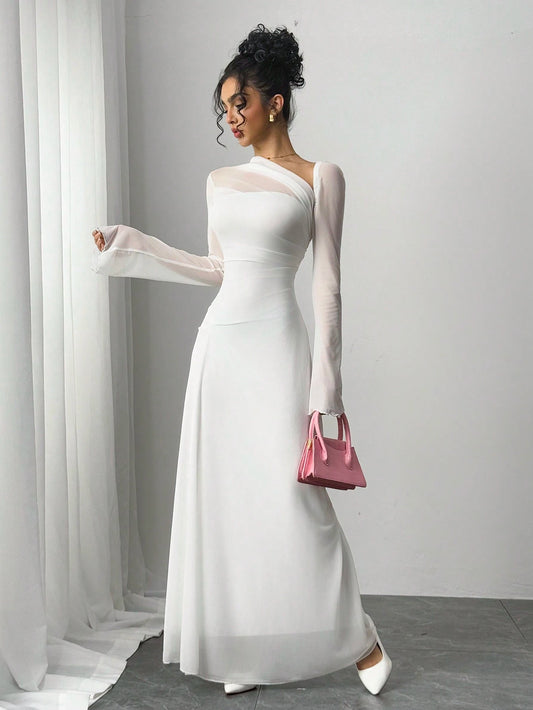 Siren Gaze Women's Solid Color Mesh Patchwork Asymmetrical Collar Long Sleeve Elegant Dress