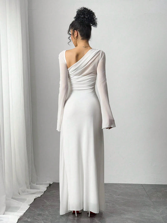 Siren Gaze Women's Solid Color Mesh Patchwork Asymmetrical Collar Long Sleeve Elegant Dress