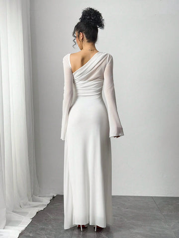 Siren Gaze Women's Solid Color Mesh Patchwork Asymmetrical Collar Long Sleeve Elegant Dress