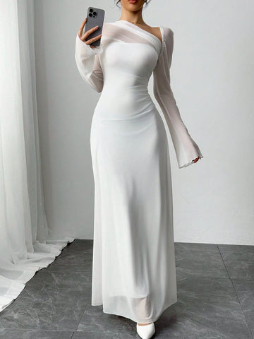 Siren Gaze Women's Solid Color Mesh Patchwork Asymmetrical Collar Long Sleeve Elegant Dress