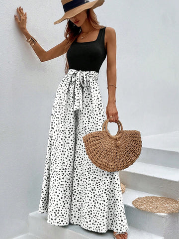 Breezaya Dalmatian Print Wide Leg Belted Jumpsuit
