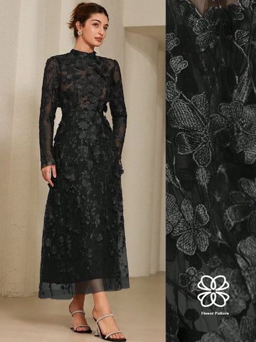 Aveloria Rosie Elegant Romantic 3D Floral Embroidery Dress With Stand Collar And Cinched Waist