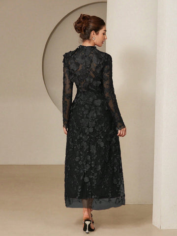 Aveloria Rosie Elegant Romantic 3D Floral Embroidery Dress With Stand Collar And Cinched Waist