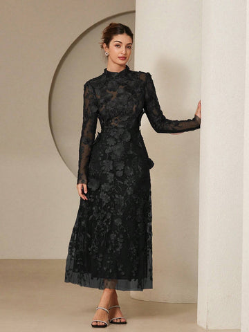 Aveloria Rosie Elegant Romantic 3D Floral Embroidery Dress With Stand Collar And Cinched Waist