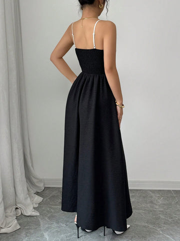 Women's Contrast Color Waist A-Line Button Decor Elegant Slip Dress