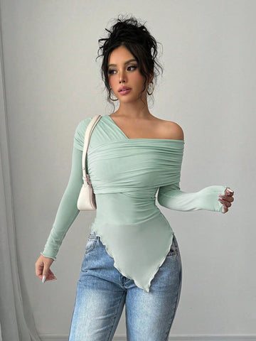 Women Asymmetrical Shoulder Long Sleeve Pleated Minimalist Casual T-Shirt