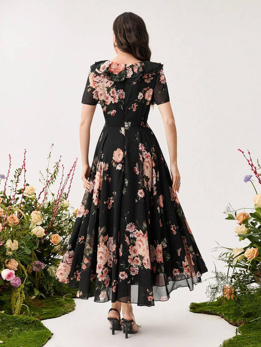 Modelyn Ruffle Hem Floral Print Fitted Chiffon Dress