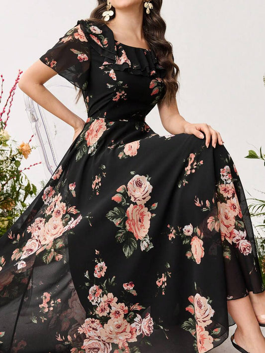 Modelyn Ruffle Hem Floral Print Fitted Chiffon Dress