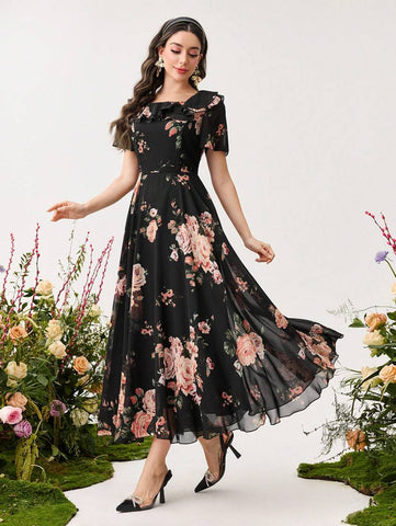 Modelyn Ruffle Hem Floral Print Fitted Chiffon Dress