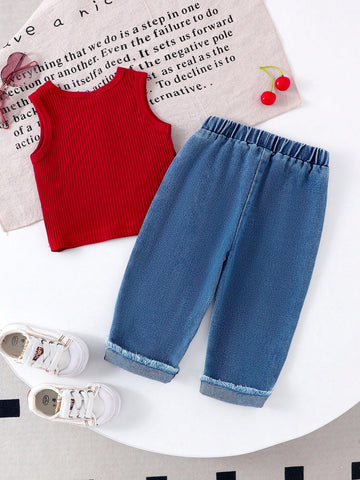 Baby Girl Button Decor Sleeveless Top And Cherry Embroidery Straight Leg Jeans