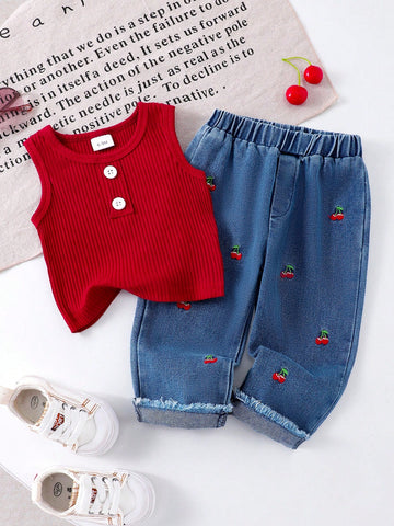 Baby Girl Button Decor Sleeveless Top And Cherry Embroidery Straight Leg Jeans