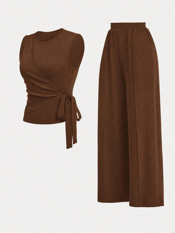2pcs Set Women Solid Color Side Tie Tank Top And Wide Leg Pants