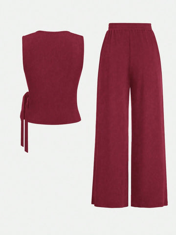 2pcs Set Women Solid Color Side Tie Tank Top And Wide Leg Pants