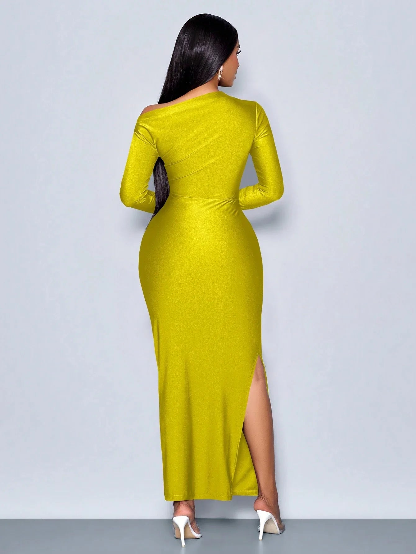 Elegant Asymmetric Neckline Ruched Side Bodycon Dress