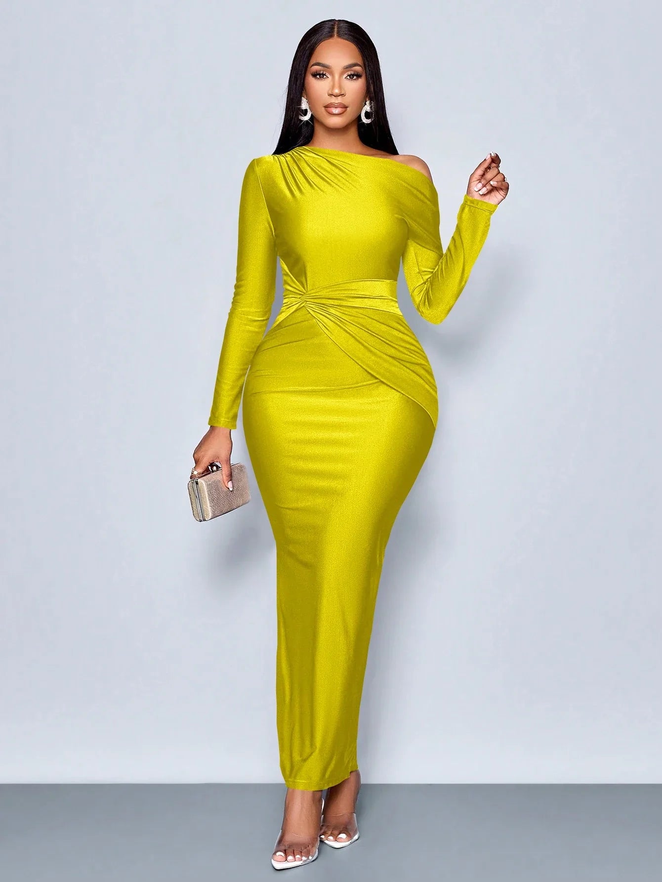 Elegant Asymmetric Neckline Ruched Side Bodycon Dress