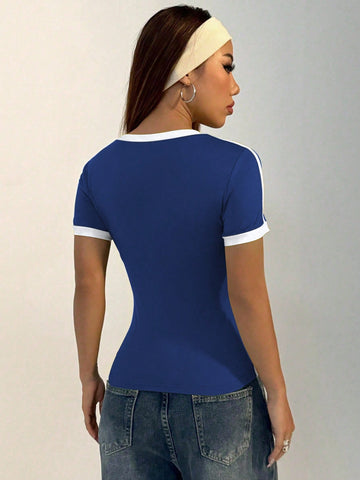 Women Casual Sports V-Neck Brazilian Color Blocking Short Sleeve T-Shirt