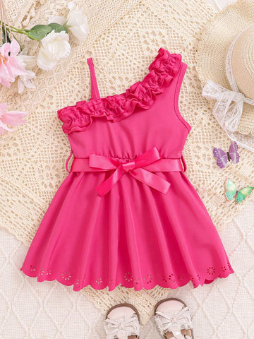 Baby Girl Elegant Glamorous Cute Asymmetrical Neck Cami Dress