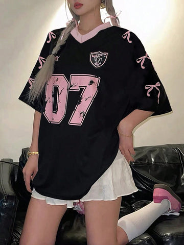 Women's Crew Neck Mid Sleeve Bow & Number Print Simple Casual T-Shirt
