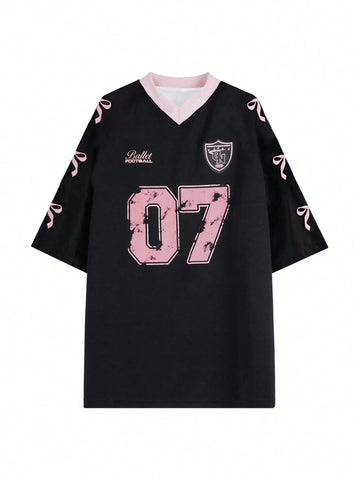 Women's Crew Neck Mid Sleeve Bow & Number Print Simple Casual T-Shirt