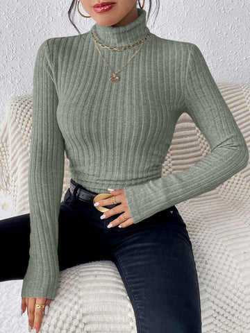 Frenchy Women's High Neck Ribbed Knit Long Sleeve T-Shirt