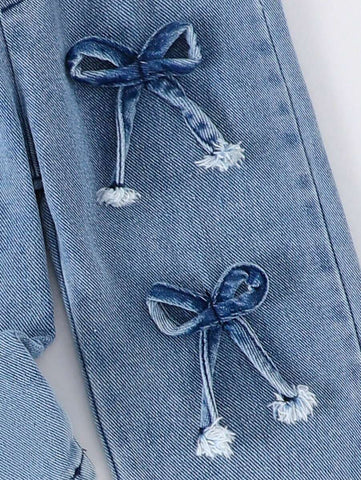 Baby Girl Butterfly Print Black Short Sleeve T-Shirt And Multi 3D Butterfly Decor Denim Long Pants