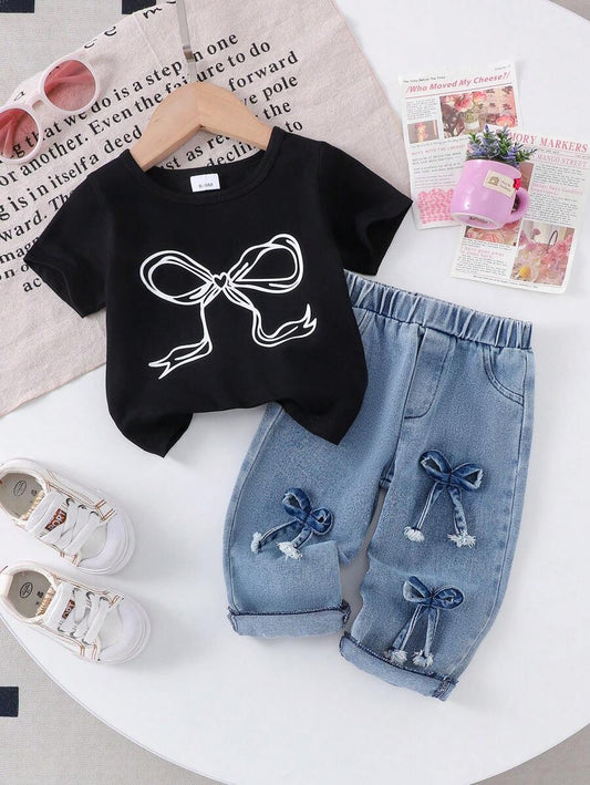 Baby Girl Butterfly Print Black Short Sleeve T-Shirt And Multi 3D Butterfly Decor Denim Long Pants
