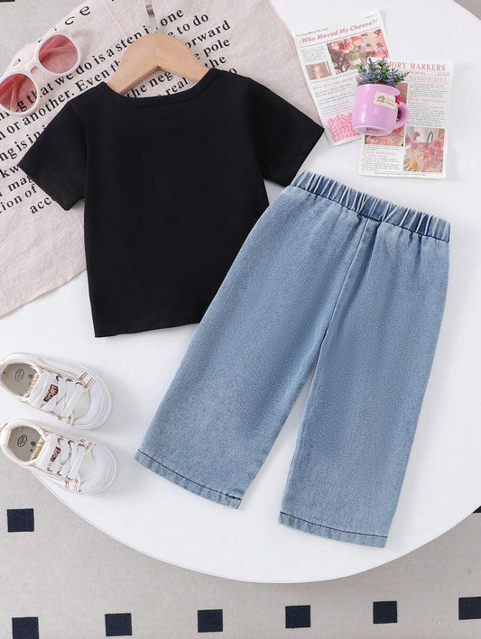 Baby Girl Butterfly Print Black Short Sleeve T-Shirt And Multi 3D Butterfly Decor Denim Long Pants