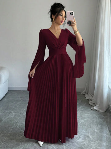 Elenzga V-Neck Pleated Open Sleeve Elegant Romantic Women Dress