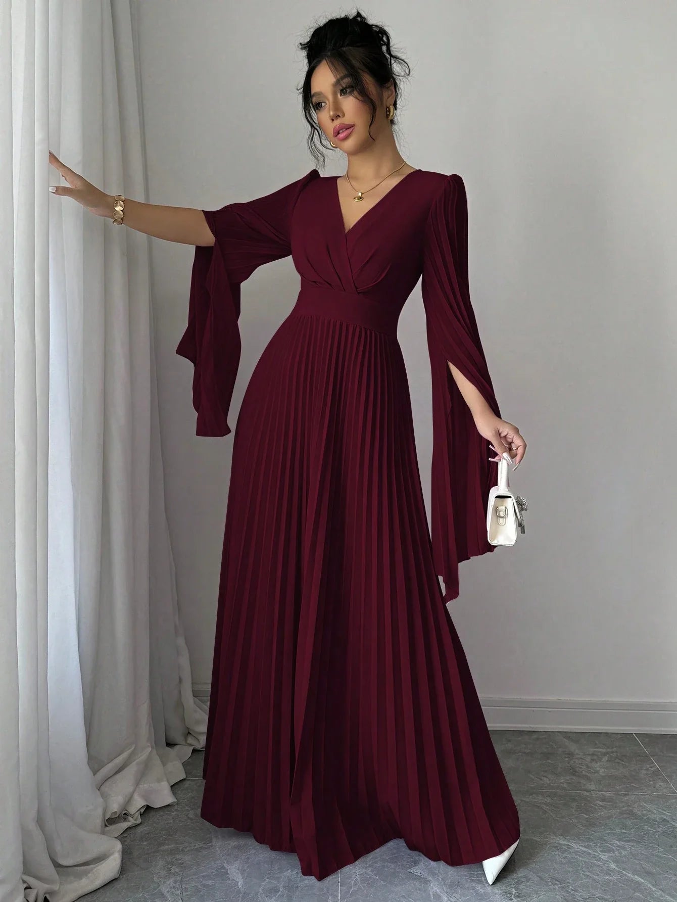 Elenzga V-Neck Pleated Open Sleeve Elegant Romantic Women Dress