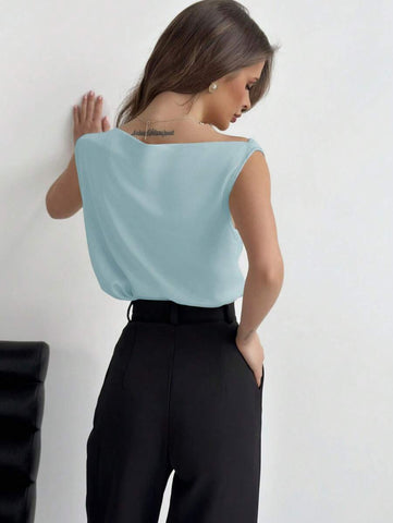 Asymmetrical Ruched Neckline Sleeveless Women Blouse