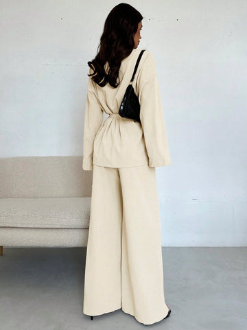 Women Collar Tie Waist Loose Shacket With High Waist Soft Pants