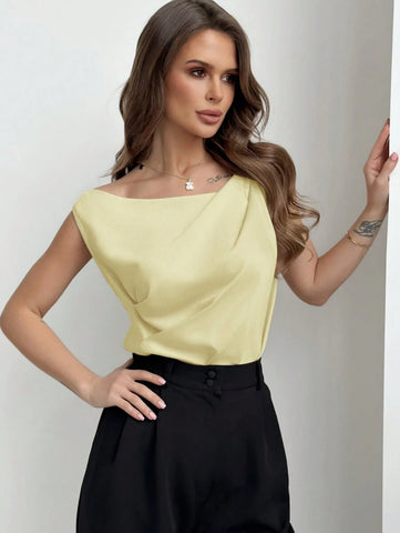 Asymmetrical Ruched Neckline Sleeveless Women Blouse