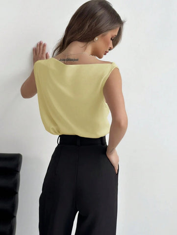 Asymmetrical Ruched Neckline Sleeveless Women Blouse