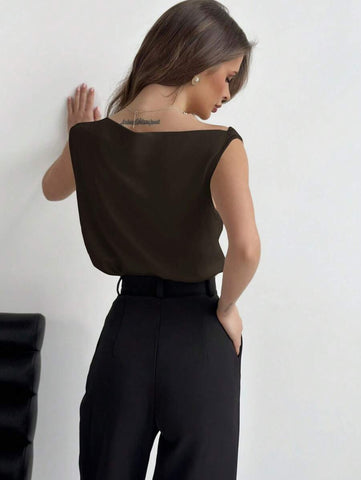 Asymmetrical Ruched Neckline Sleeveless Women Blouse