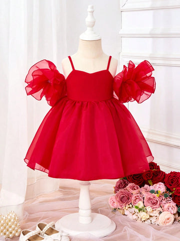 Baby Girl Cute Beige Knit Patchwork Organza Ruffle Strap Dress