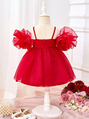 Baby Girl Cute Beige Knit Patchwork Organza Ruffle Strap Dress
