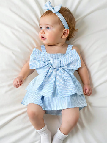 Baby Girls' Summer Casual Cute Car & Butterfly Knot Strap Striped Romper
