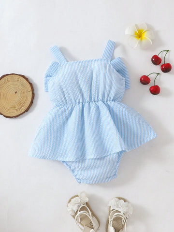 Baby Girls' Summer Casual Cute Car & Butterfly Knot Strap Striped Romper