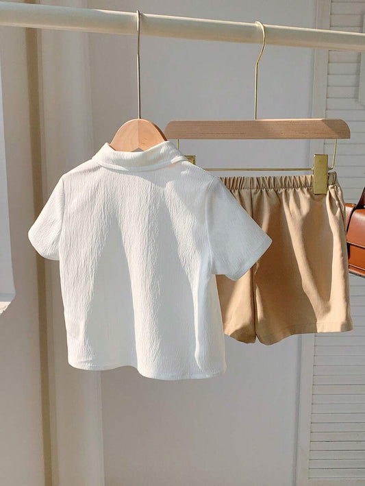 Baby Boy Horse Print Lapel Short Sleeve Cardigan And Elastic Waist Shorts