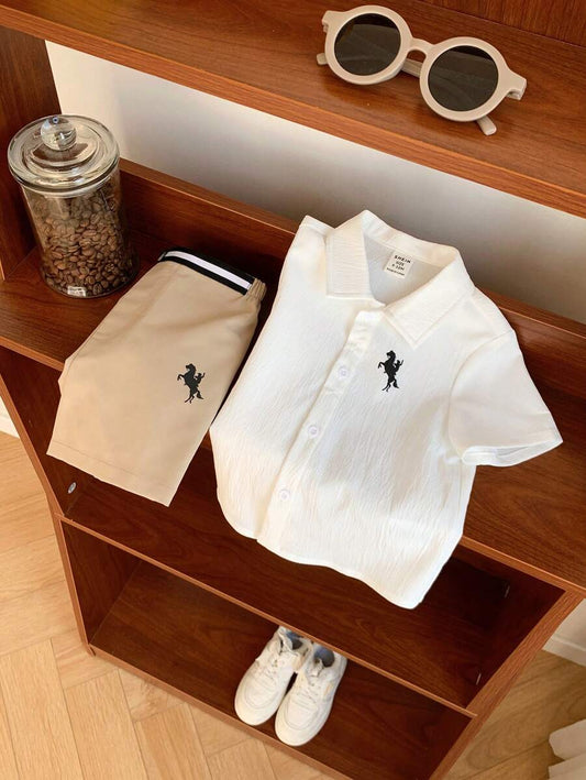 Baby Boy Horse Print Lapel Short Sleeve Cardigan And Elastic Waist Shorts