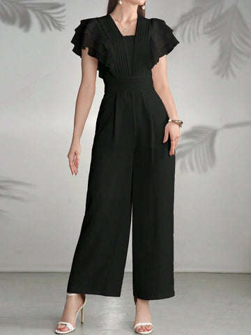 Modelyn Women Solid Color Mesh Panel Casual Jumpsuit