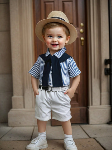 Baby Boy Summer Cute Striped Short Sleeve Shirt, Elastic Waist Shorts, Cape, Bowknot