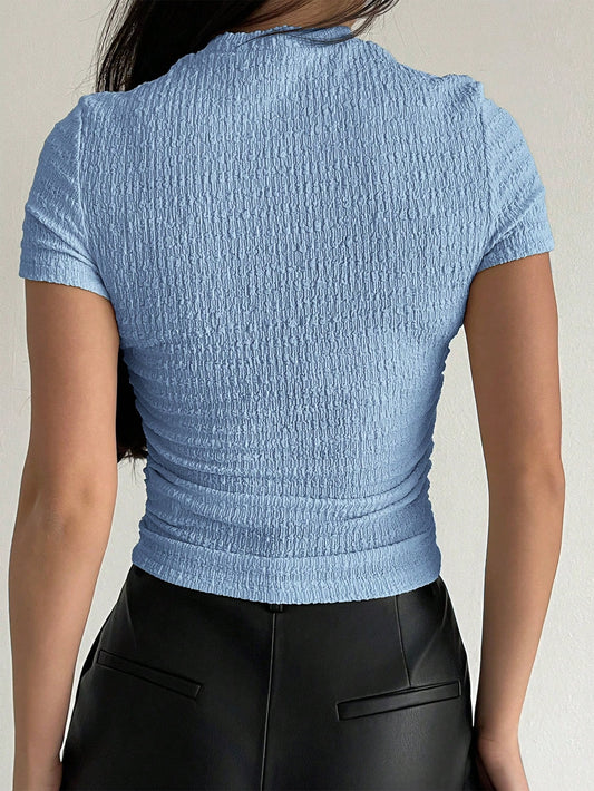Aloruh Women's Solid Color Jacquard Knit Round Neck Short Sleeve Casual Top